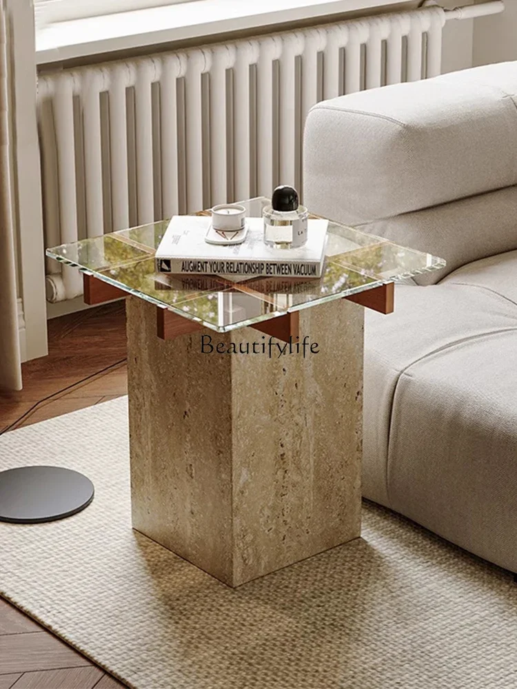 

A few glass square small coffee tables on the side of the wabi-sabi sofa, light luxury travertine movable