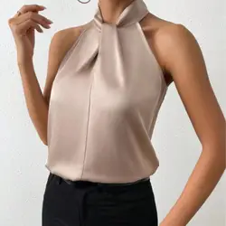 Women Top Elegant Satin Tank Tops for Women Blouse with Halter Neck Loose Fit Office Vest Smooth Imitation Silk Party Wear Solid