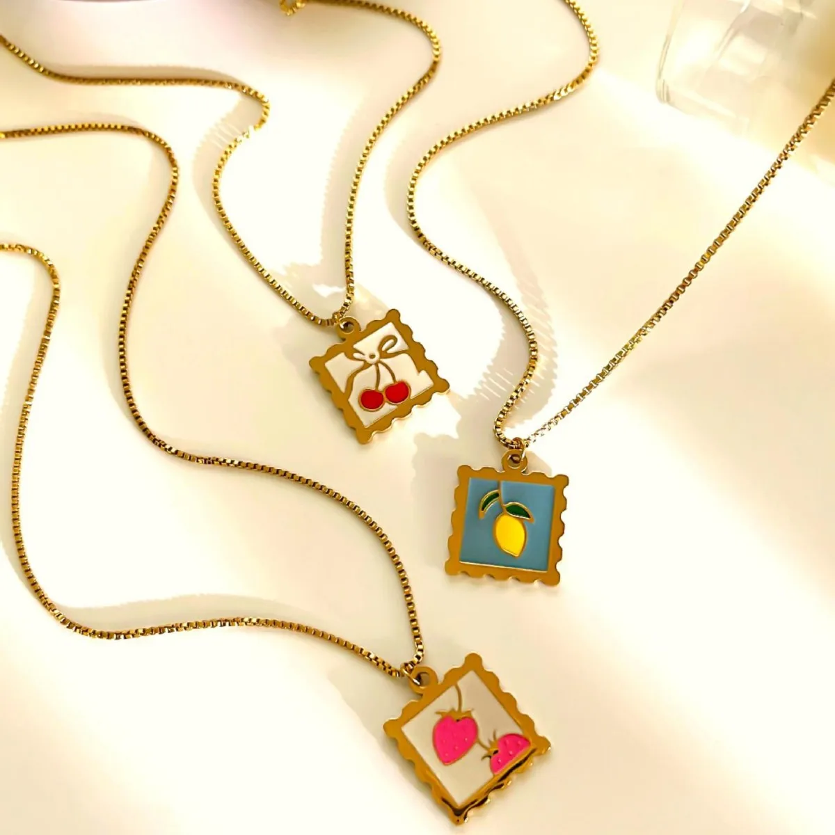 Fashion Vintage Cute Multicolour Enamel Fruit Square Pendant Necklace for Girls Summer  Fashion Stainless Steel Accessories Gift