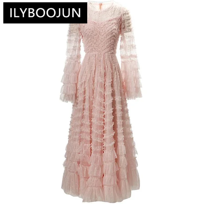 

ILYBOOJUN Fashion Designer Spring Women's dress Flare Sleeve stripe Edible Tree Fungus Slim Elegant Party Ruffles Dresses