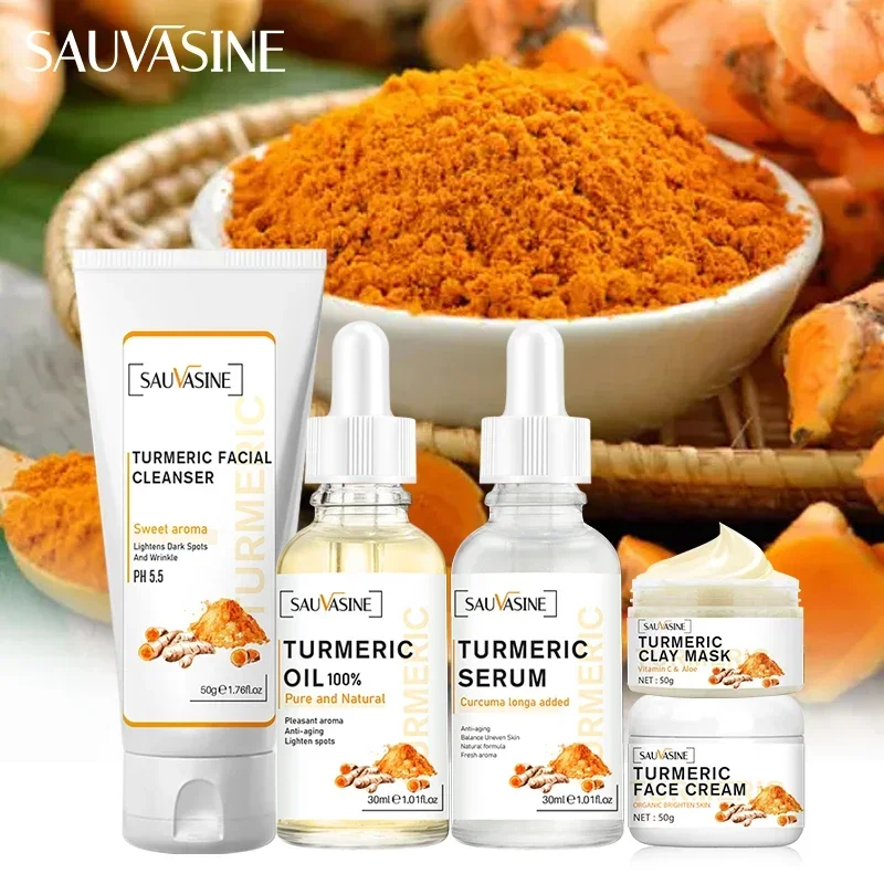 

5PCS Turmeric Lemon Skin Care Set Acne Dark Spot Remover Whitening Brighten Facial Kit Face Cream Cleanser Serum Oil Winter Kit