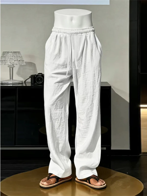 Lightweight Linen Wide Leg Straight Cut Casual Pants for Men Breathable Comfortable Spring Summer Cotton Pure Color Loose Fit