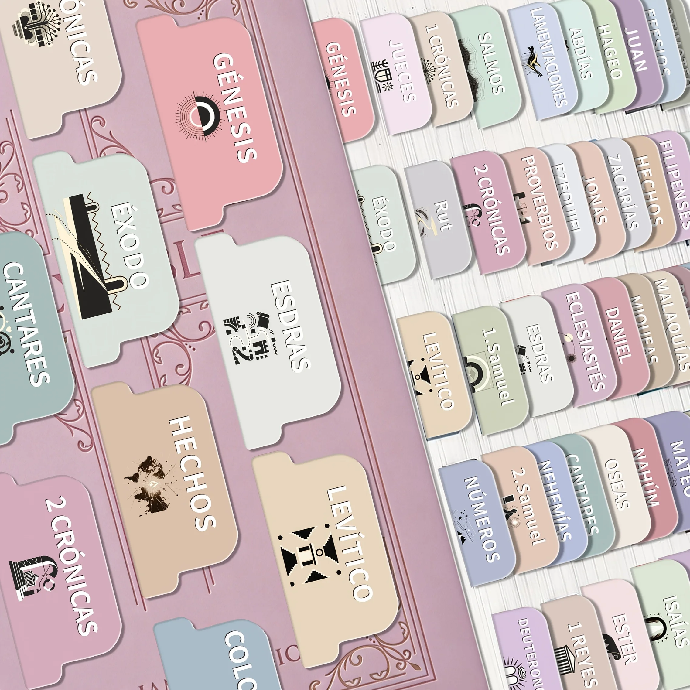Spanish Bible Tabs, Morandi Spanish Bible Journaling Index Tabs with Symbolic Icons of Core Stories/Themes,Bible Study Stickers