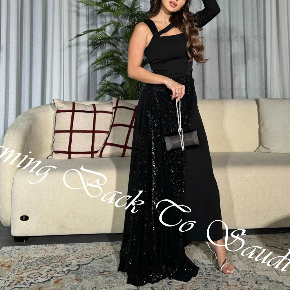 Customized Delicate   Irregular  Sequined Strapless Ankle Length A-Line Evening Dress Jersey One Shoulder Sweep Train Vestido De