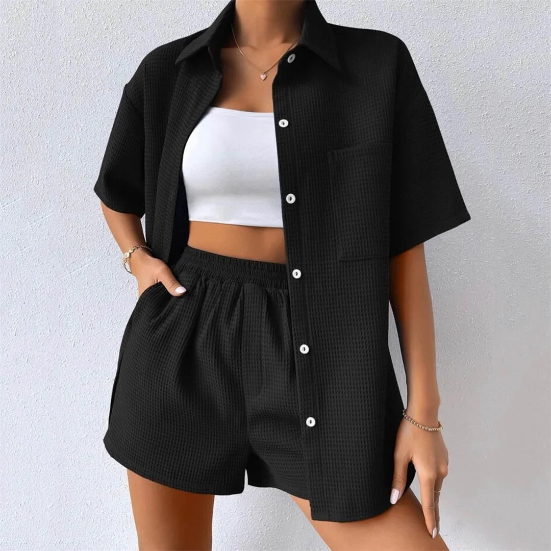 High Waist Shorts Suits Women\'s Clothes Summer Female Tops Turn Down Collar Short Sleeve Pockets Button Tops Casual 2 Pieces Set