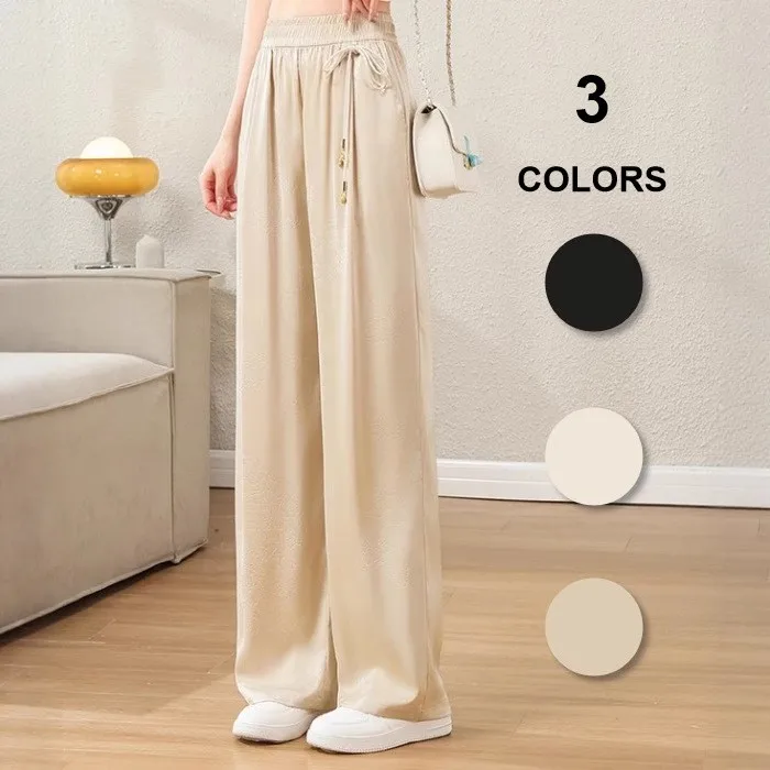 กางเกงขายาวผ้าไหมน้ำแข็งสำหรับฤดูร้อน ทรงขากว้าง ตัดตรง เอวยางยืด กางเกงซัมบ้า กางเกงลำลองผู้หญิง ผ้าใยโพลีเอสเตอร์ ทรงตรง...