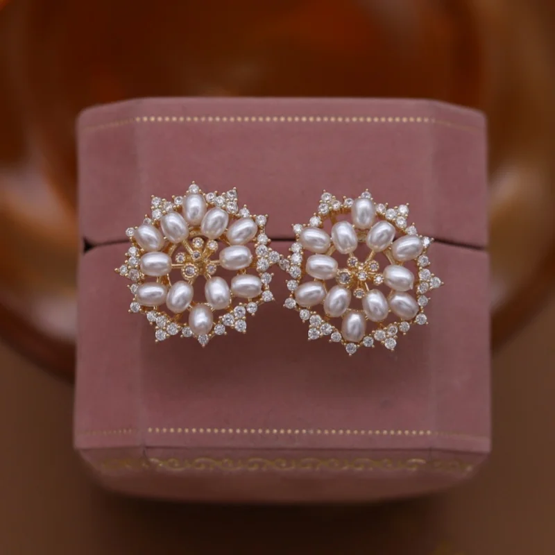 Korean new design fashion jewelry 14K gold plated zircon pearl flower earrings elegant women's daily work accessories