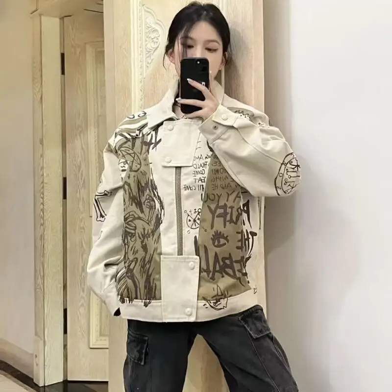 Hot 2026Spring Autumn New Women Clothing American Lapel Baseball Jacket Graffiti Design Sense Niche Men Couple Motorcycle Jacket