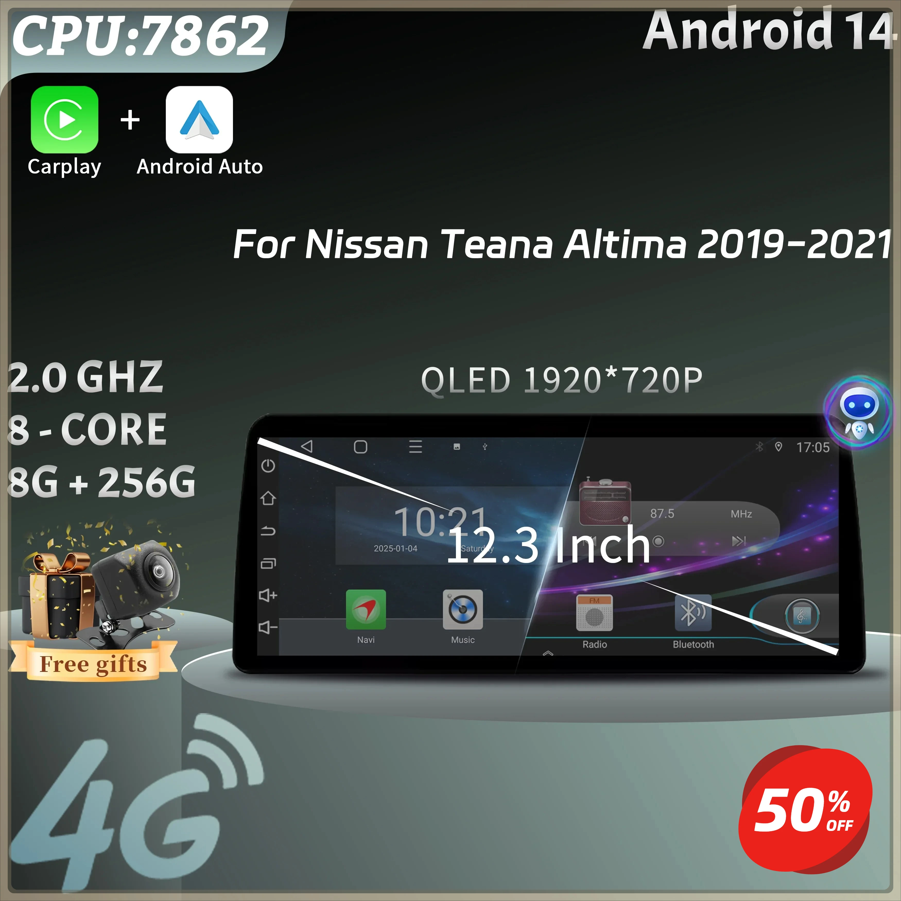 12.3inch Car Radio Multimedia Navigation 4G GPS Android Wireless CarPlay Android Auto Screen For Nissan Teana Altima 2019-2021