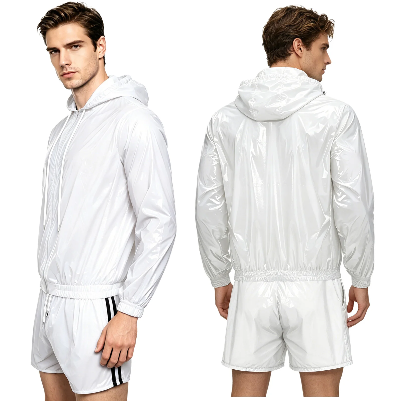 Mens Waterproof Sauna Outfit Glossy Sweat Suit Hooded Tracksuit Fitness Training Hooded Jacket with Jogging Boxer Shorts Outfits