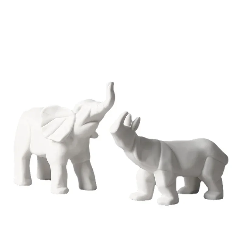 European-style White Elephant Rhino Sculpture Ornament Abstract Animal Model Porch Bookcase Resin Crafts