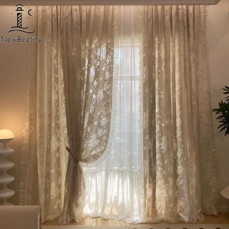 French Butterfly Gauze Off-white Light and Shadow Tulle Living Room Bedroom Bay Window Balcony Lace Retro Hollow Curtains Custom