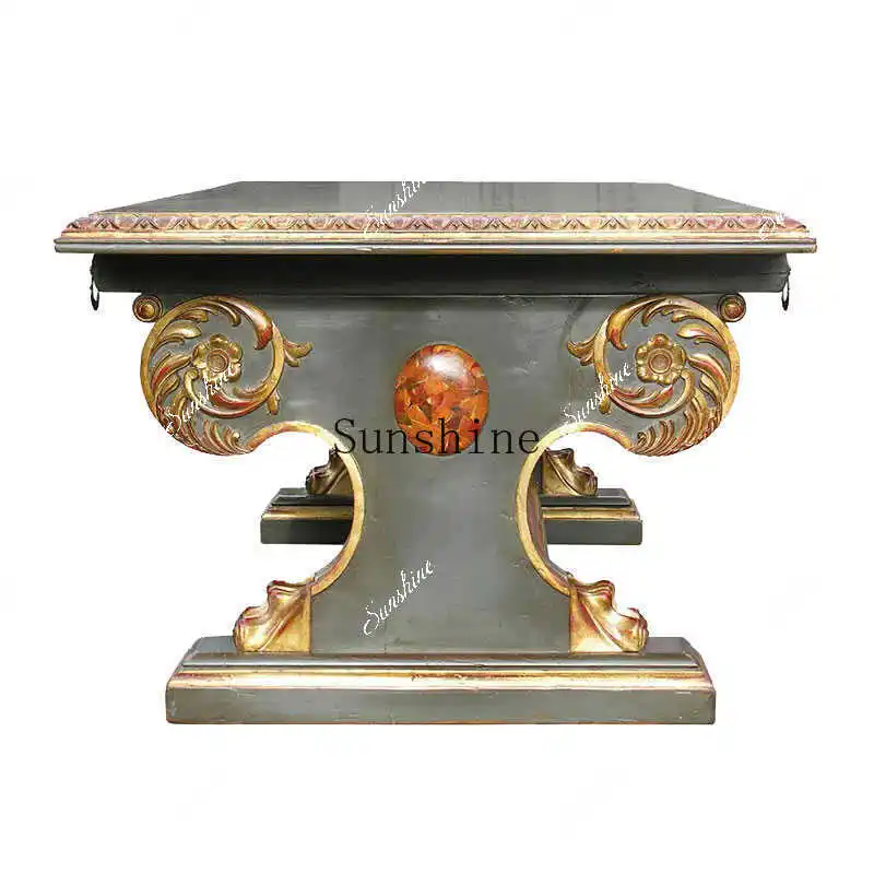 French solid wood carving flower dining table and chairs villa luxury palace large apartment gold painting dining table   FT