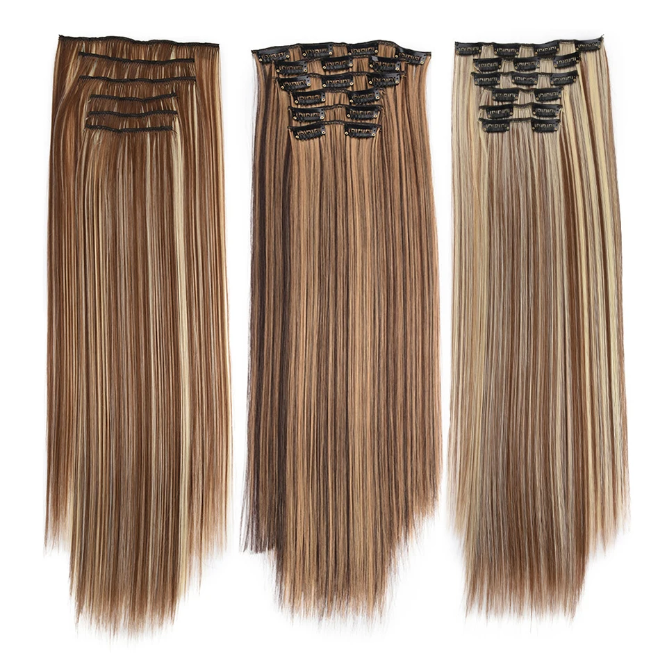 Clip in Hair Extensions Set 6 Piece Long Straight Natural Synthetic Black Blonde Hairpieces Heat Resistant 16 Clips 