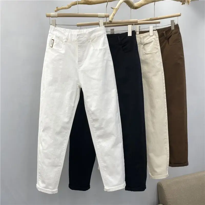 Jeans décontractés taille haute pour femmes, pantalons sarouel, pantalons en denim monochromes, jeans élastiques pleine longueur, vêtements fjDenim,