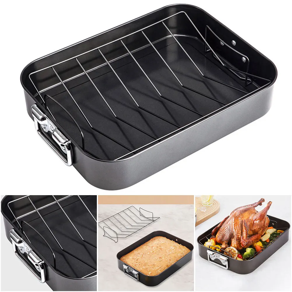 

Deep Roasting Tin with Rack Multi-Function Roaster Pan Dishwasher Safe Baking Pan High Temperature Resistance for Cooking Baking