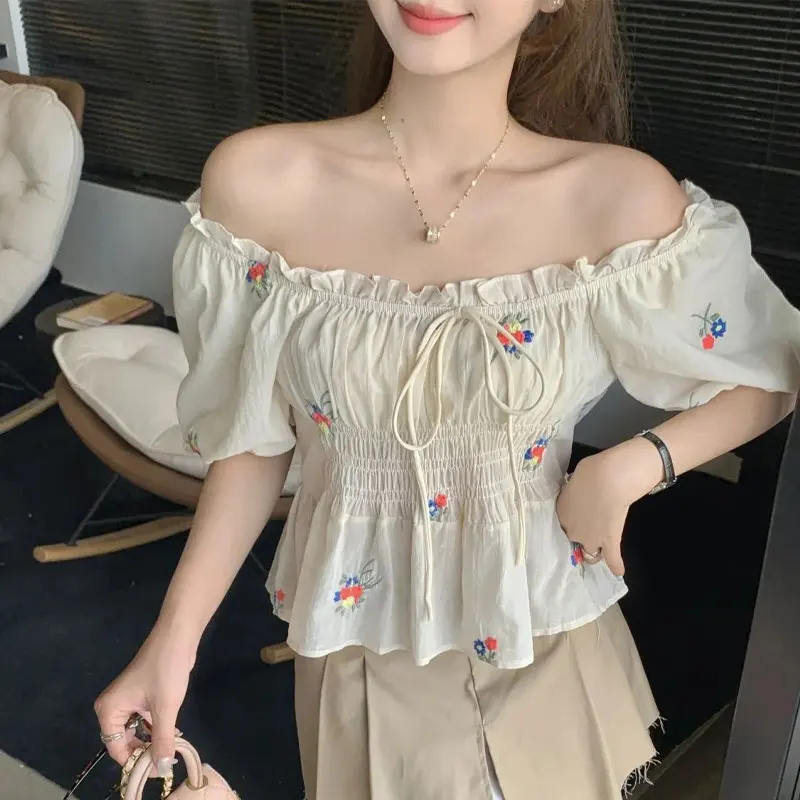 Elegant Square Collar Shirt Sweet Broken Flowers French Style Fashion Shirring Women\'s Clothing Summer Basic Drawstring Blouse