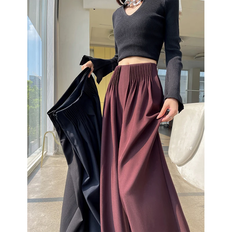 

Elegant Wide Leg Pants Women Fashion Black Pleated Baggy Suit Pants Summer Streetwear Korean Folds Casual Straight Trousers New