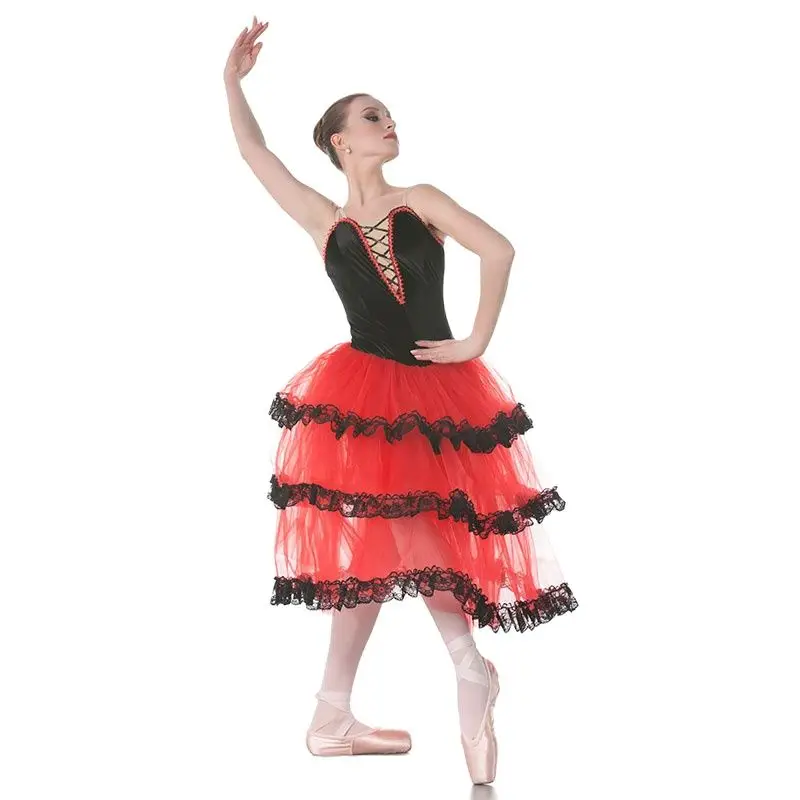 Tutú de Ballet largo español, Top negro de terciopelo, corpiño de tul rojo, trajes de baile, tutú de bailarina, 18004