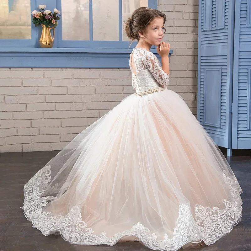 

Birthday Party Holy Communion Gowns Flower Girls Dresses Champagne Puffy Appliques Jewel Belt Lace Hem Half Sleeve For Wedding