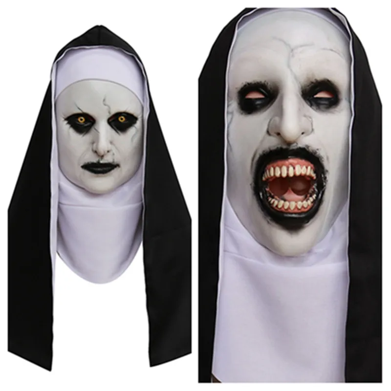 Máscara de Cosplay de monja para adultos, casco de terror, máscara con capucha, pañuelo para la cabeza, accesorios para fiesta de disfraces de Halloween, hombres y mujeres