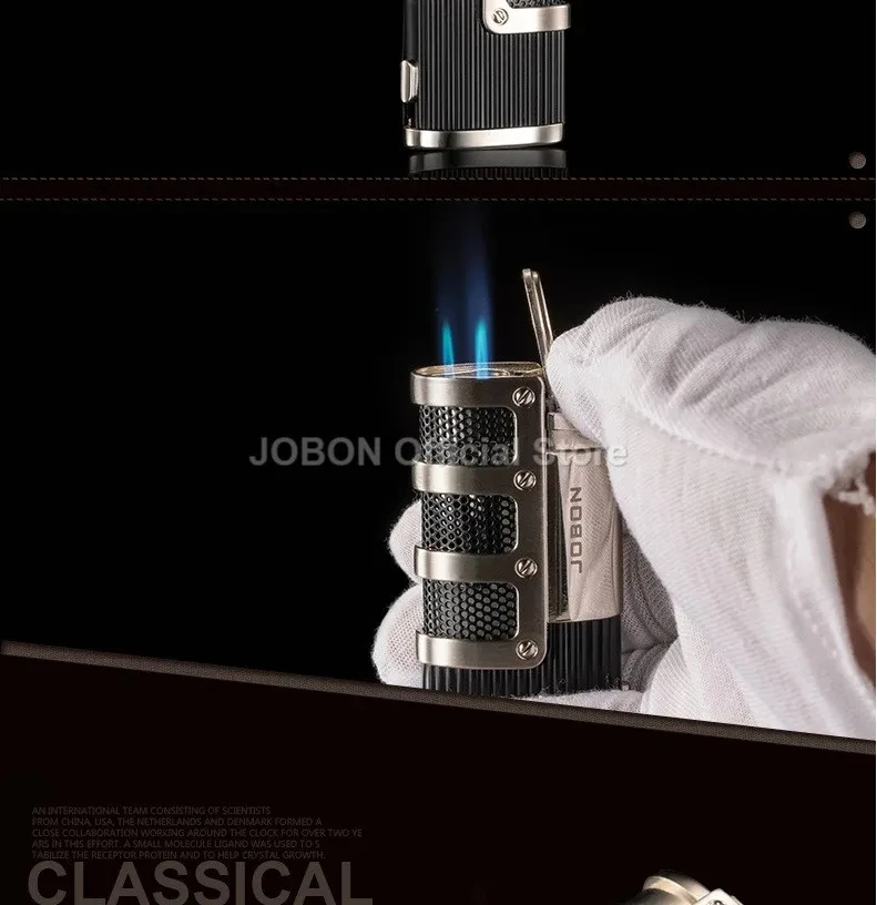 JOBON neues Metall-Outdoor-Feuerzeug mit winddichter Butangasflamme, blauer Flamme, 3-flammigem Turbo-Jet-Zigarrenanzünder, Zigarrenschneider, Geschenk für Männer. – Detail 6