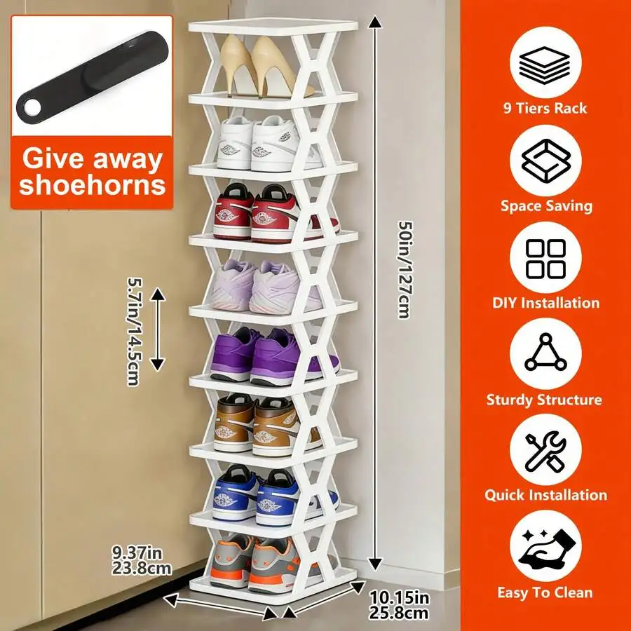 9/6 Tier Vertical Shoe Stand Space Saving Narrow Shoe Rack, Small Shoe Shelf, DIY Free Standing Shoes Storage Organizer For Entryway, Closet, Hallway, Easy Assembly And Stable In Structure, Black & White, Plastic Material, Consumables