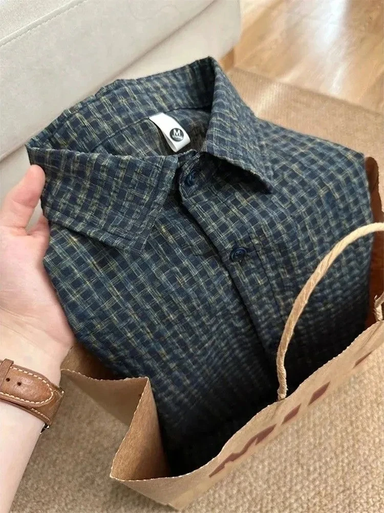 

2025 New Retro Plaid Long Sve Casual irt Men's Loose Fit Versatile Lazy Sle Trendy Haome irt for Autumn Daily Wear