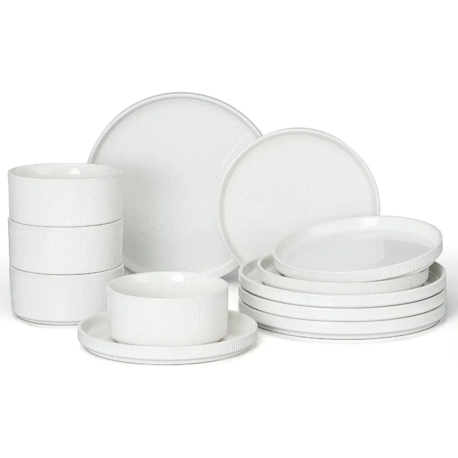 

12Piece Speckled White Stoneware Dinnerware Set for 4 with Plates and Bowls Modern Kitchen Dining Dishware Chip and Scratch Res