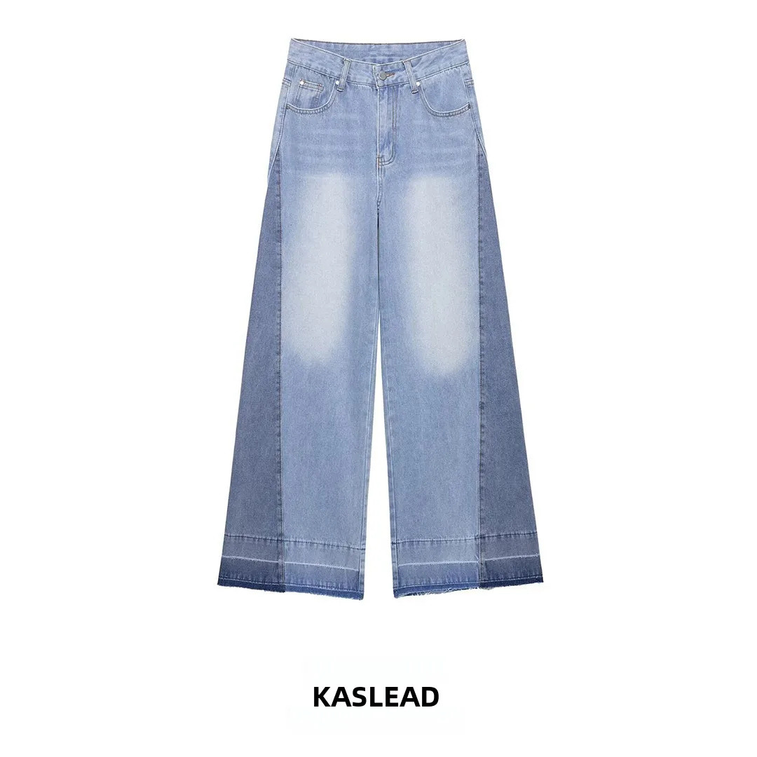 KASLEAD High Waist Wide Leg Patchwork Denim Jeans Women's Premium Style Fashionable Trendy Polyester Fiber Button Closure