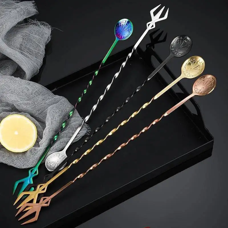 جديد 1/4 قطعة مقبض طويل كوكتيل خلط ملعقة شوكة الفولاذ المقاوم للصدأ ويسكي تحريك قضيب نادل الخالط المطبخ بار اكسسوارات