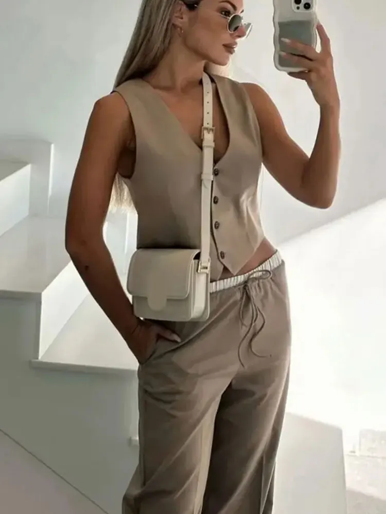 2024 Women\'s Solid Trousers Sets V Neck Commute Vest Top + Elastic Waist Drawstring Causal Female Wide Leg Pant Street
