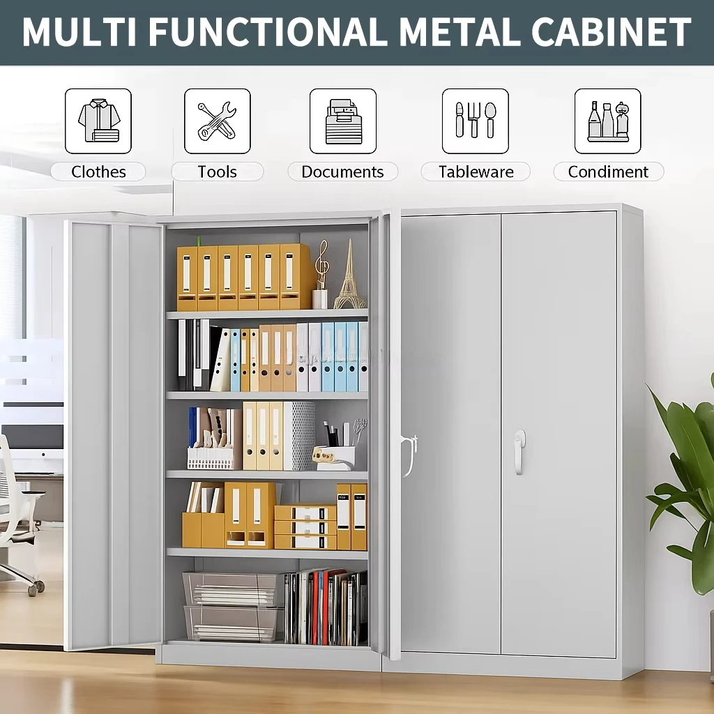 Metal Steel 2 Swing Door 4 Shelves Office  Filing Storage Cabinet Lock Organizer for Office Garage  School