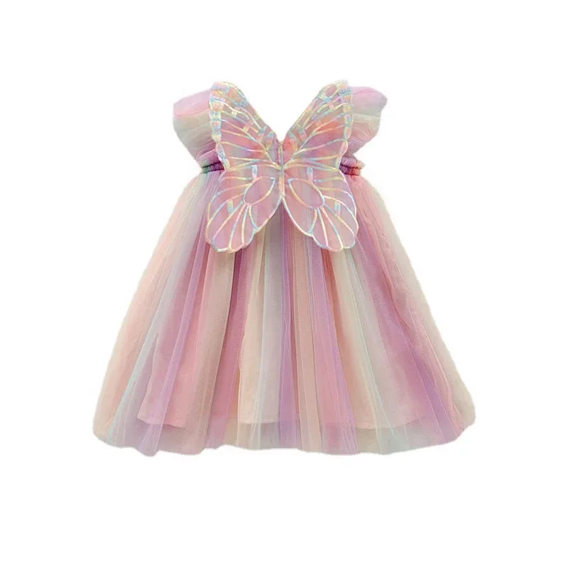 Summer Girls\' Princess Party Birthday Dress Back Bow Wings Fairy Strap Embroidered Butterfly Mesh Dress Rainbow Baby Clothes