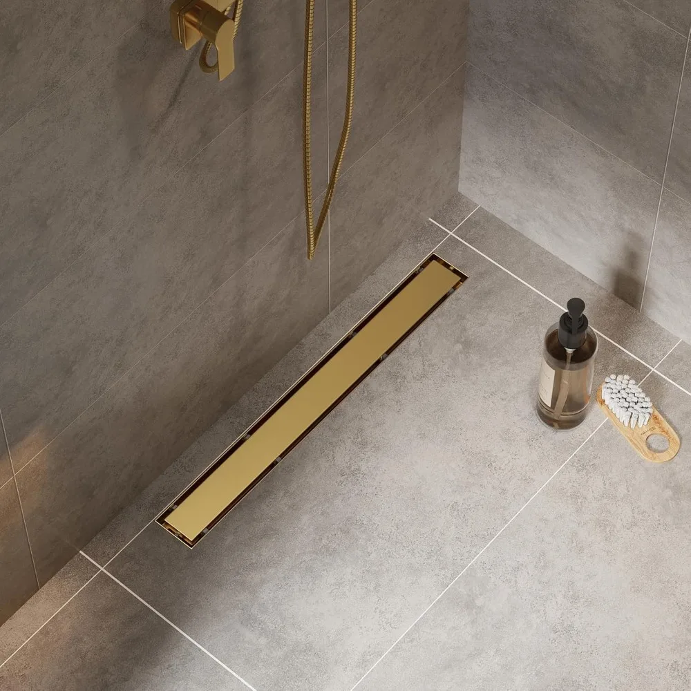 Scarico per doccia lineare da 24 pollici in acciaio inossidabile con copertura piatta e per piastrelle color oro champagne, design reversibile per pavimento senza soluzione di continuità