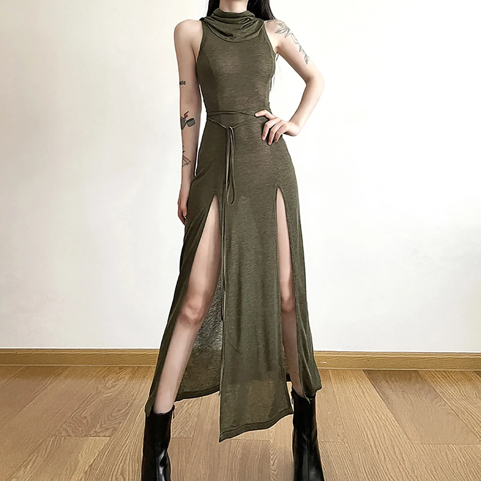 2024 New Women's Dresses Y2k Punk High Neck Hooded Long Dresses Fashion Sleeveless Split Solid Colour Maxi Dress Vestidos