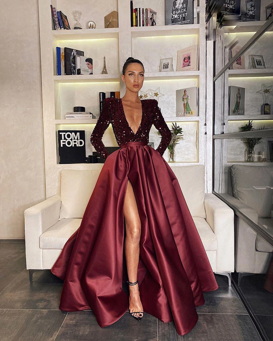 

Bowith Evening Luxury Dress Red V-neck Full Sleeved Long Gown Prom Elegant For Women Wedding Party Formal Occasion Gala Gift