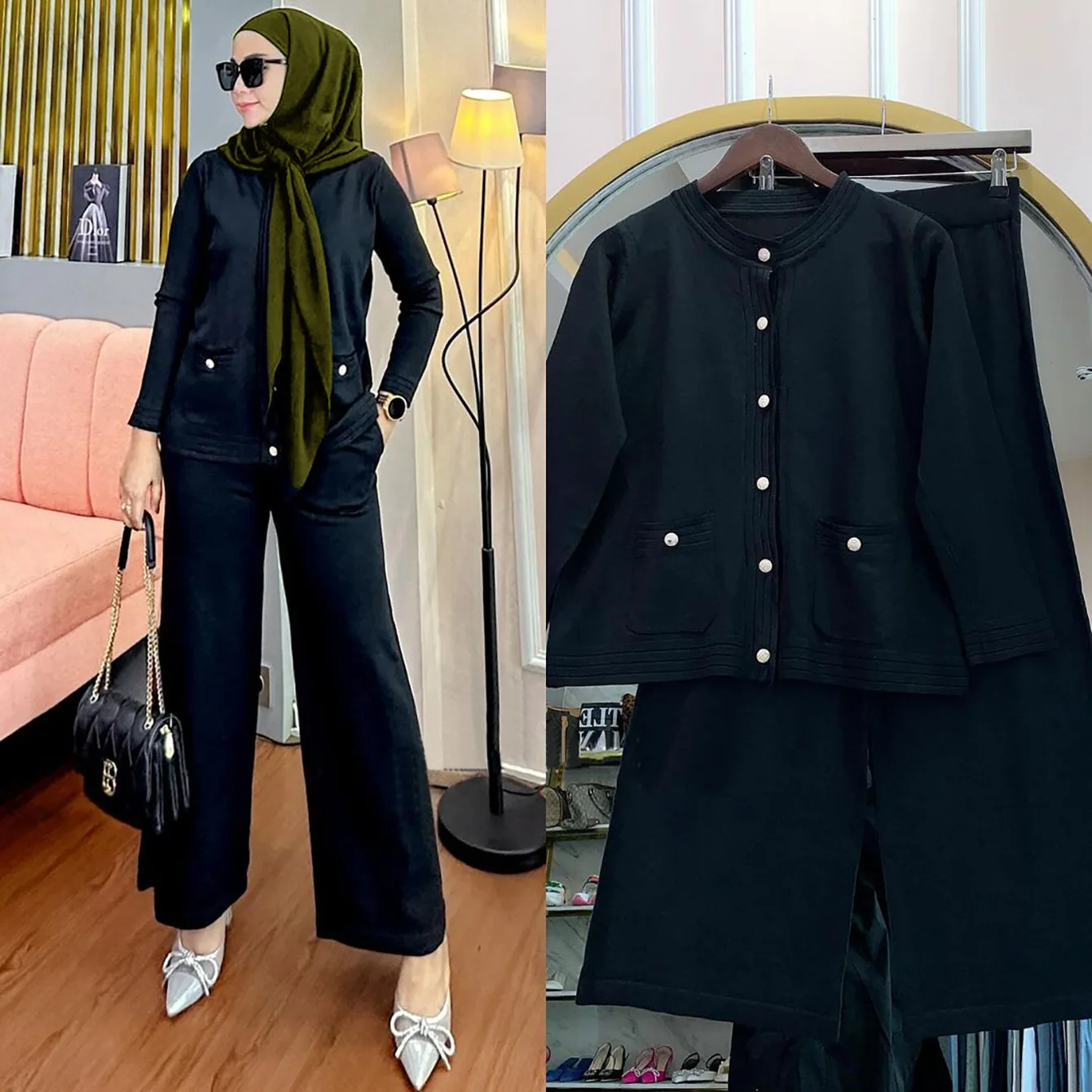 Women Muslim Matching Sets Long Sleeve Blouse Wide Leg Trousers Suit 2 Piece Buttons Tops Pants Dubai Tracksuits Outfits Abaya