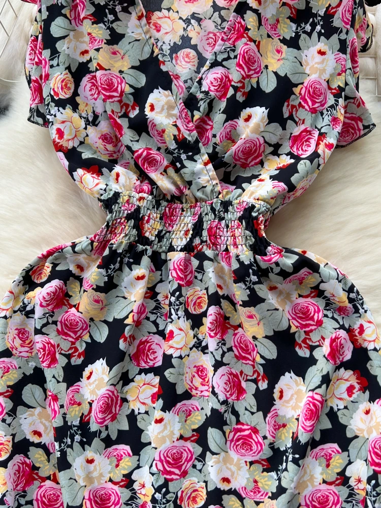 Foamlina-Vestido sem mangas com estampa floral feminino com decote V, elástico na cintura, fino, linha A, casual, diário, longo, moda verão, doce, 2024