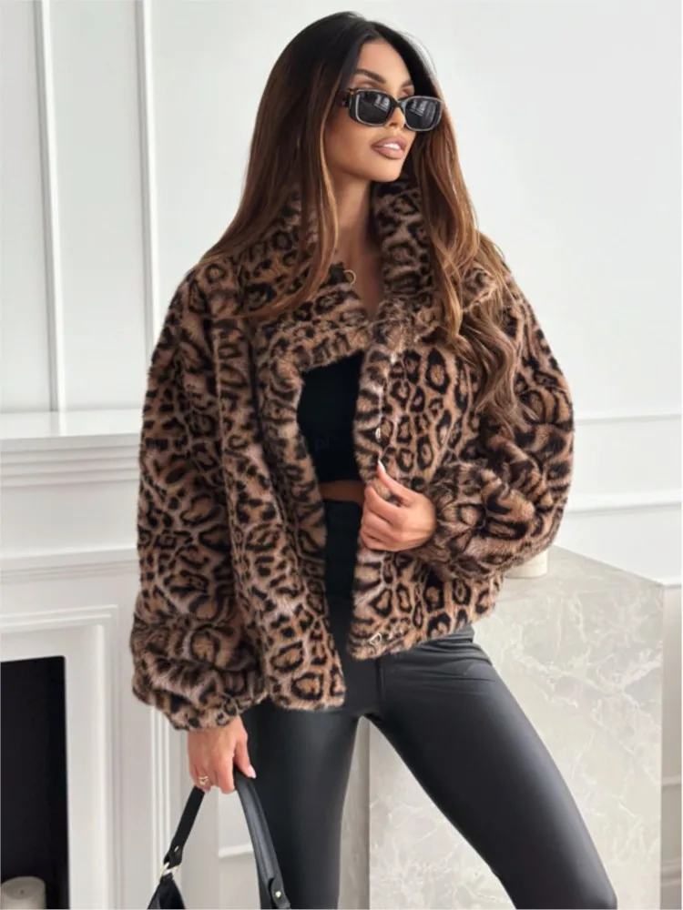 

New Autumn Winter Casual Women Leopard Print Long Sleeve Plush Jacket Coat, Vintage Thick Warm Faux Fur Outerwears, Streetwear