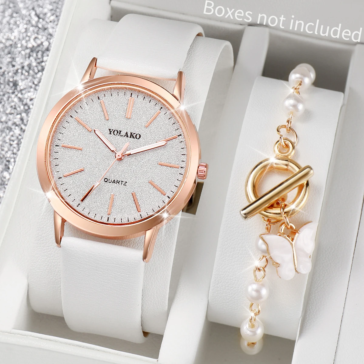 2PCs/Set Women's Watch Set Simple Quartz Leather Watch with Pearl Bracelet