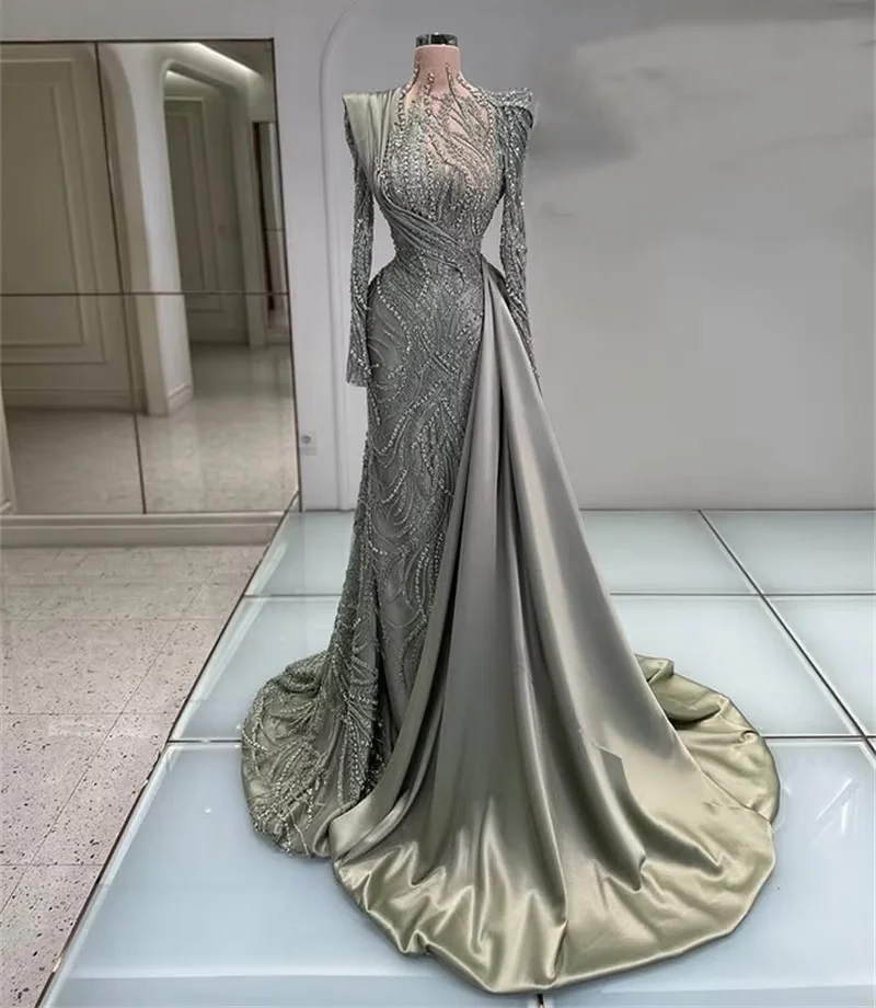 Luxury Middle Eastern Evening Dresses Long Sleeves Beaded Saudi Arabia Dubai Robe De Soiree Prom Dress Gown Customized