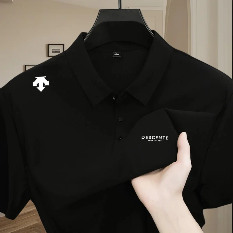 High quality ice silk polo shirt short sleeved men's sports brand printed top 2026 summer new cool and breathable casual T-shirt