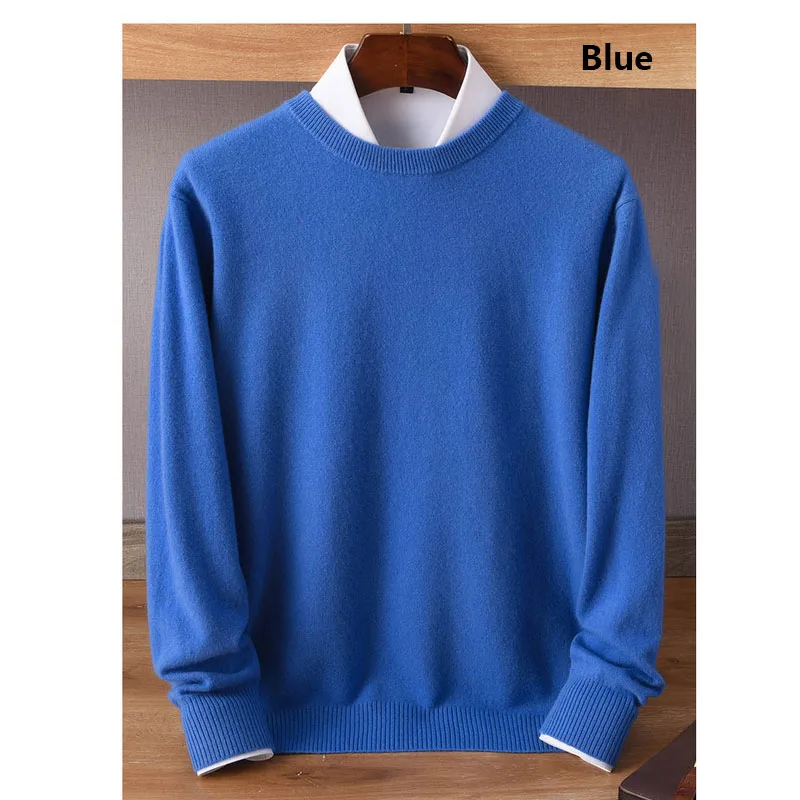 Fengbaoyu Autumn Winter Men's Long Sleeve Round Neck Cashmere Sweater Solid Color Loose 100% Pure Wool Top Comfortable and Warm