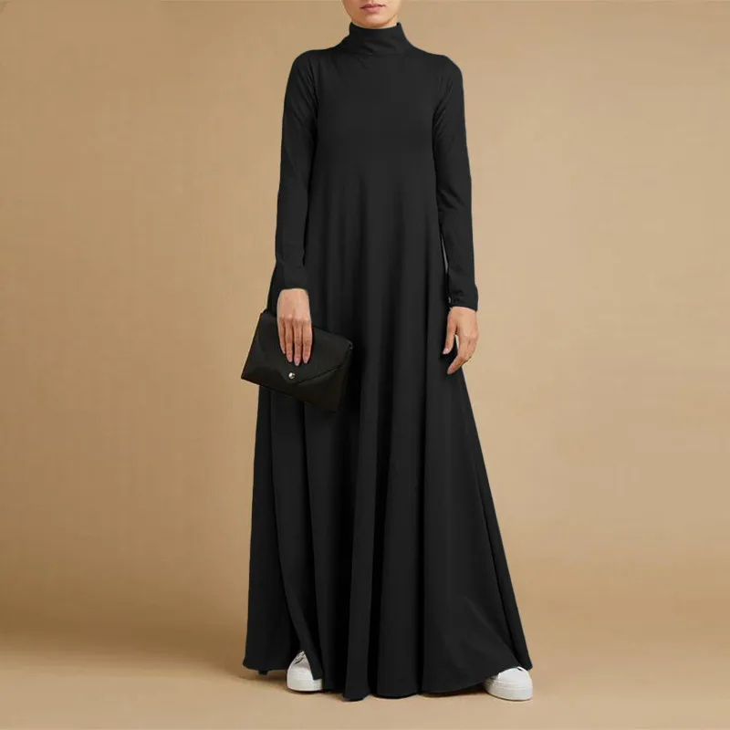 Autumn Patchwork High Neck Long Sleeve Midi Dress Women's Streetwear