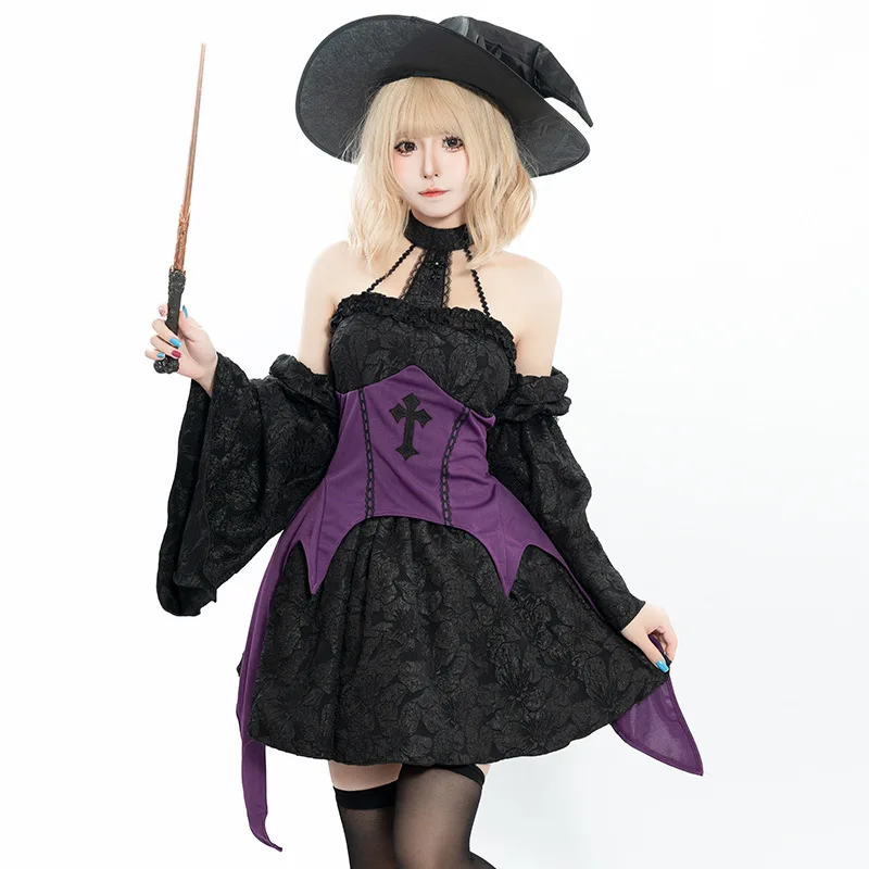 

Anime Witch Costume Lady Sexy Top Mini Skirt Lace Trumpet Sleeves Wizard Hat 4 Sets Halloween Witch Wizard Cosplay Costumes