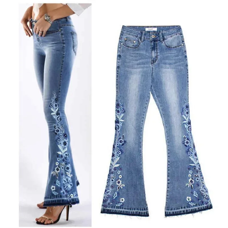 Women's Y2K Low Rise Flare Denim Pants Embroidered Denim Trousers High Street Jeans Slim Elastic Ruffled Hem Pants Vintage