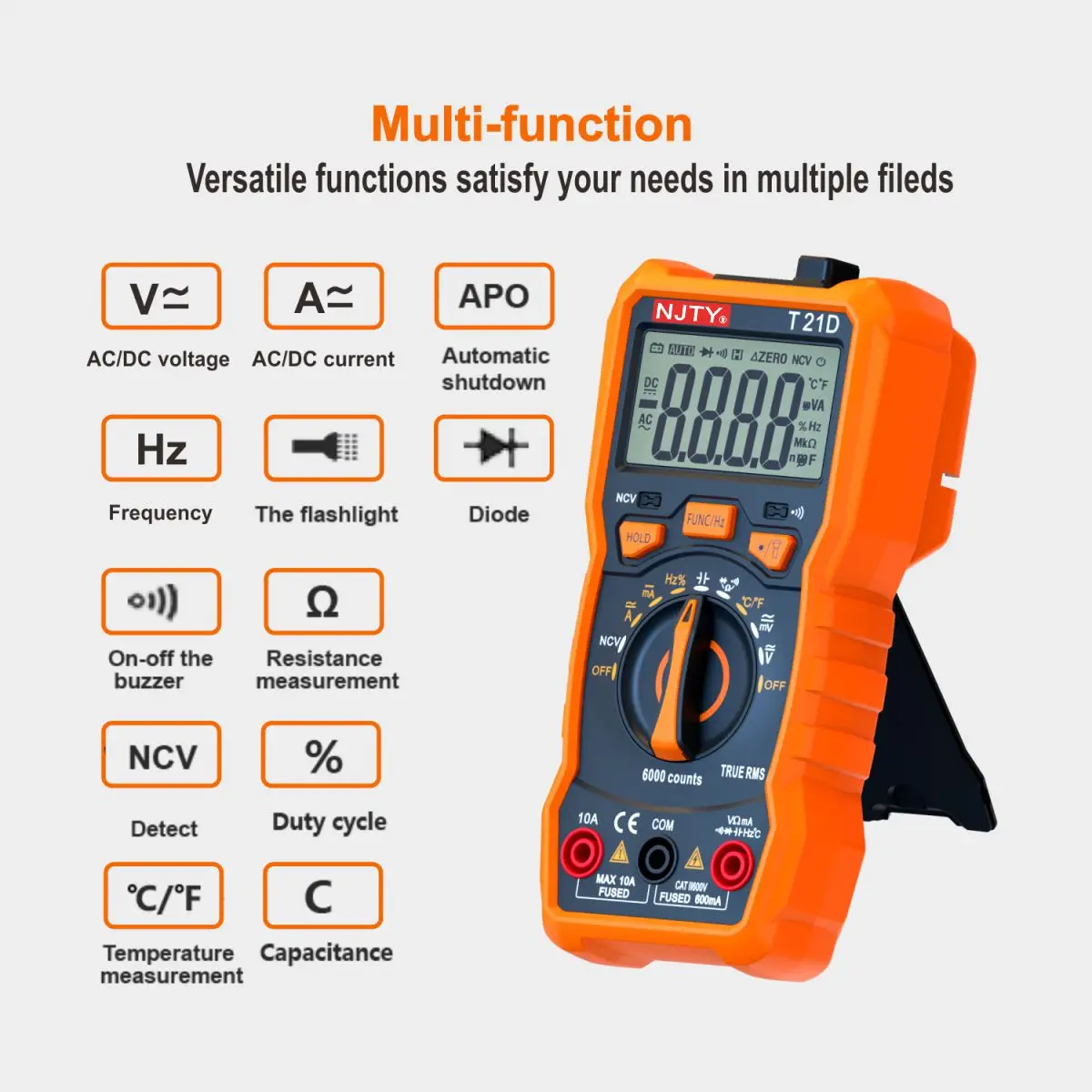 NJTY T21D Digital Multimeter 6000 Counts Voltmeter AUTO Current Resistance Temperature Diode Multi Tester with Backlight Screen