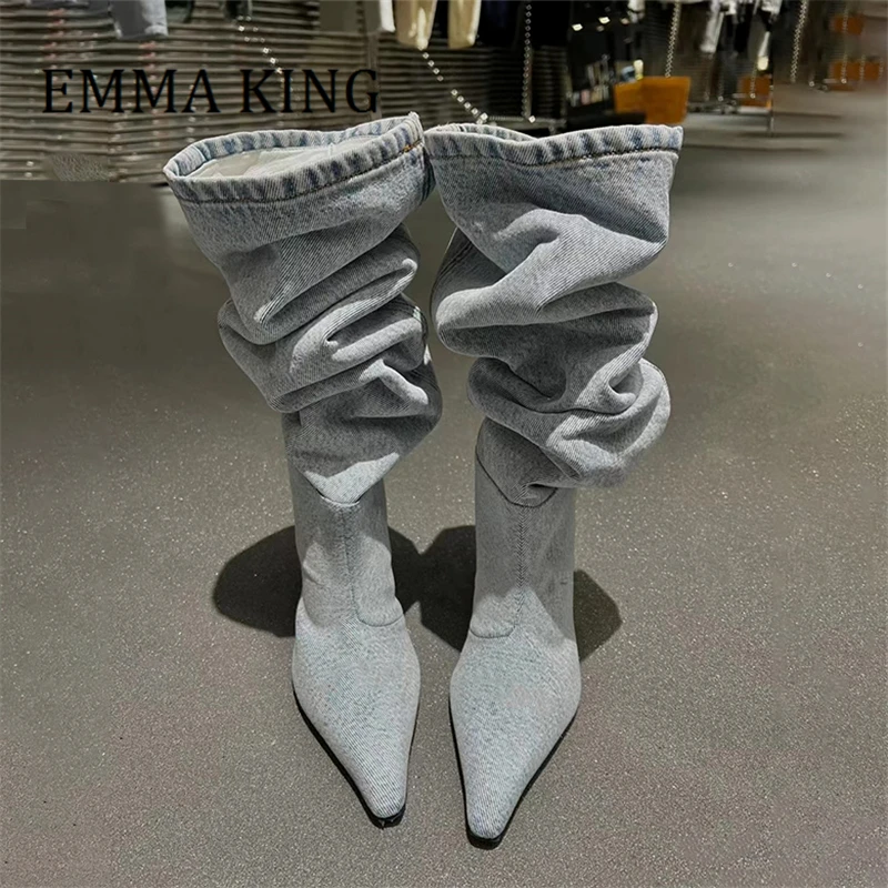 

Spring Autumn Women Denim Slouch Boot Sexy Pointy Toe Middle Heels Knee High Boots Pull-on Styling Cowboy Shoes Botas De Mujer