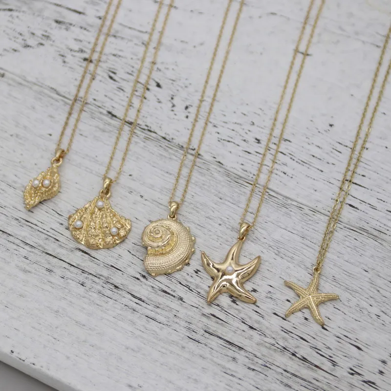 Collares con colgante de concha de caracol de mar, estrella de mar, palma de coco para mujer